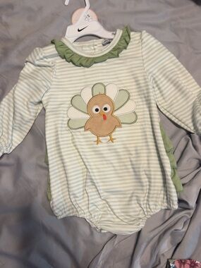 Striped Baby Romper with Turkey Applique - Green & Cream